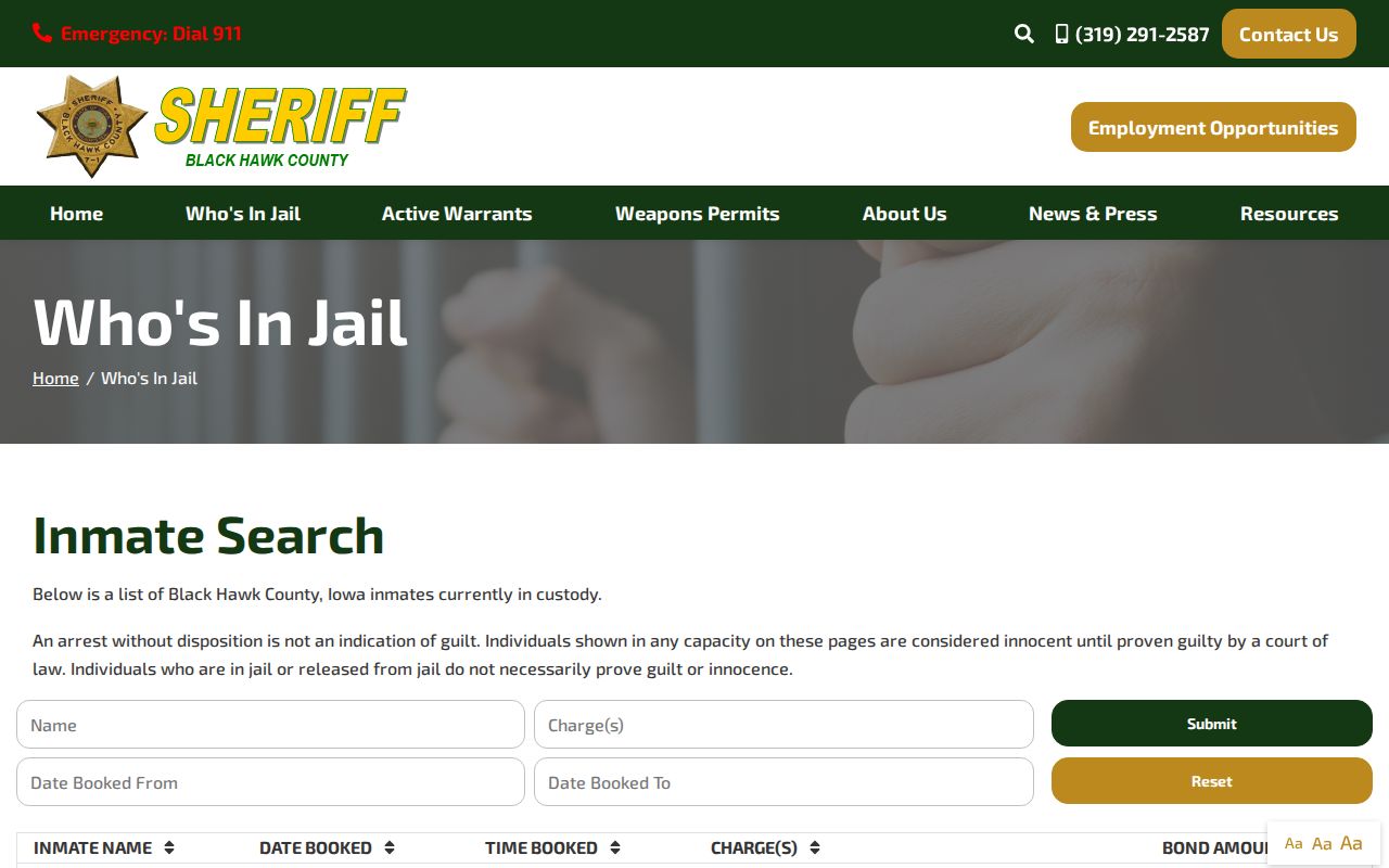 Black Hawk County Sheriff's Office Who's In Jail roster search controls and custody disclaimer