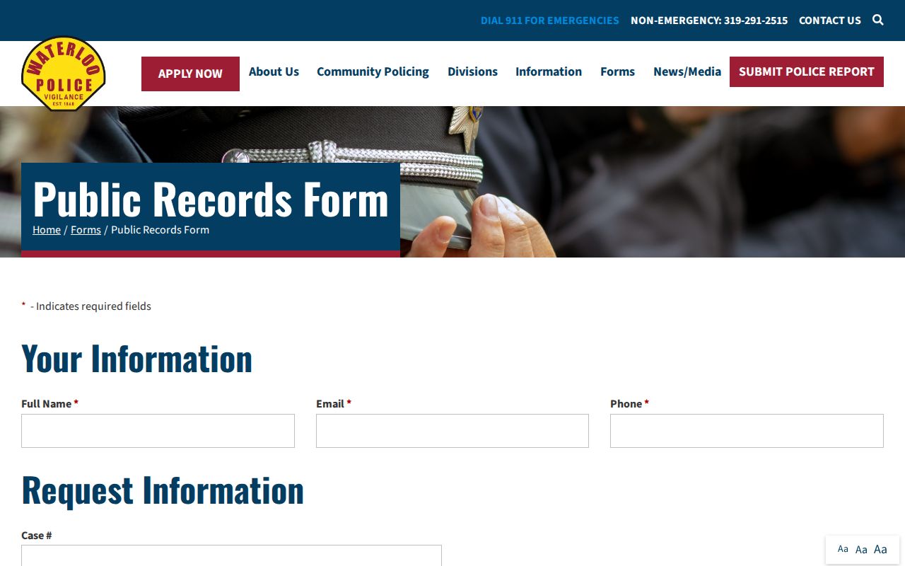 Waterloo Police public records form for arrest records in Black Hawk County