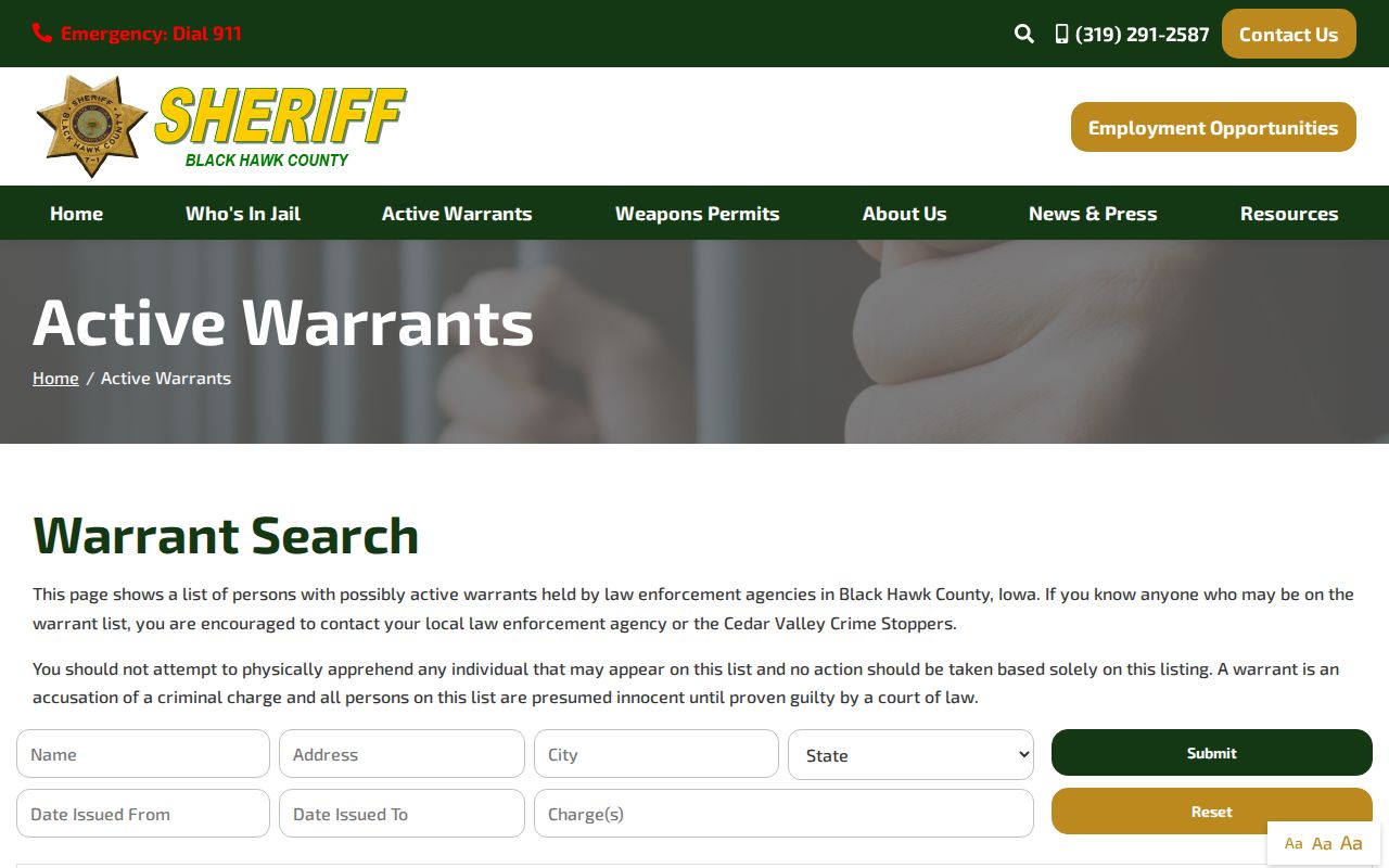 Black Hawk County Sheriff active warrant search fields and verification warning