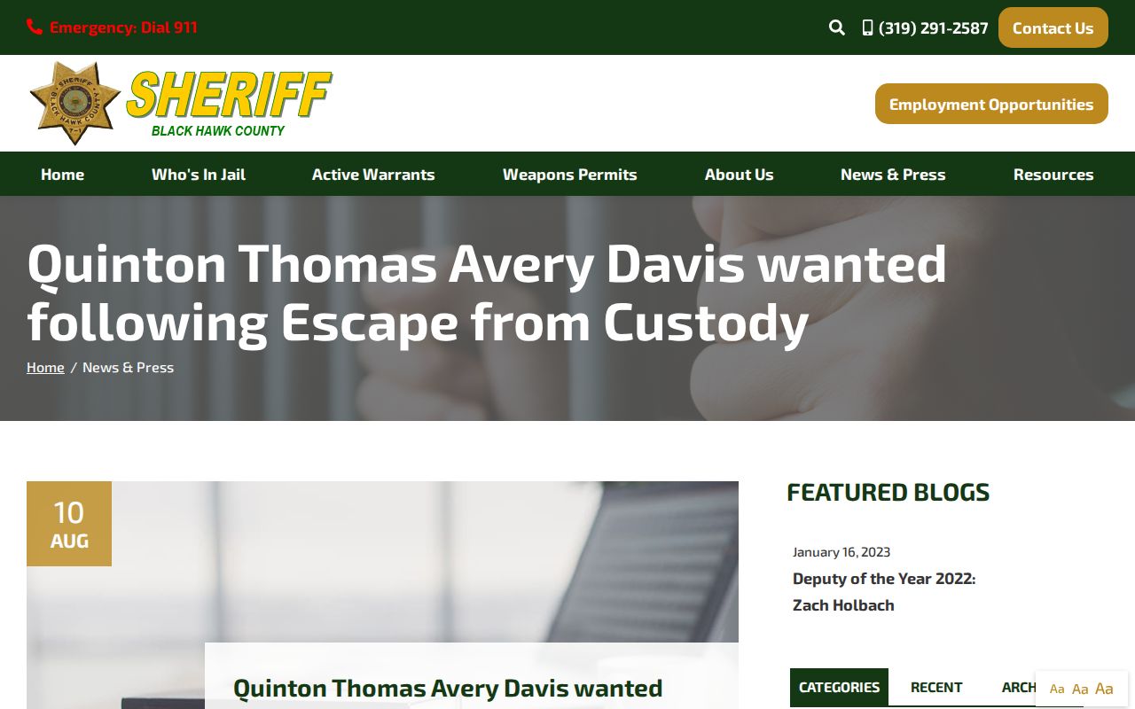 Black Hawk County Sheriff News and Press page for selected public safety releases