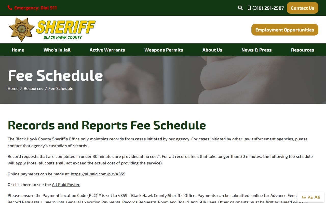 Black Hawk County Sheriff fee schedule showing mugshot copy and mailing charges
