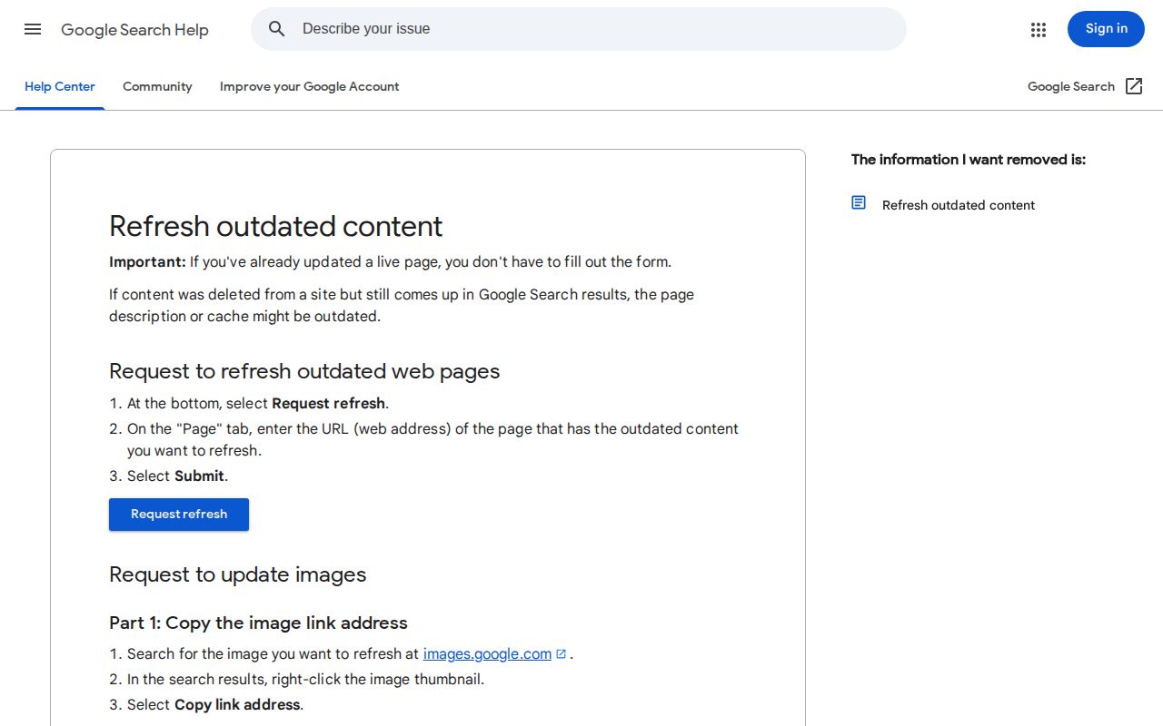 Google tool for refreshing outdated search results after source content changes